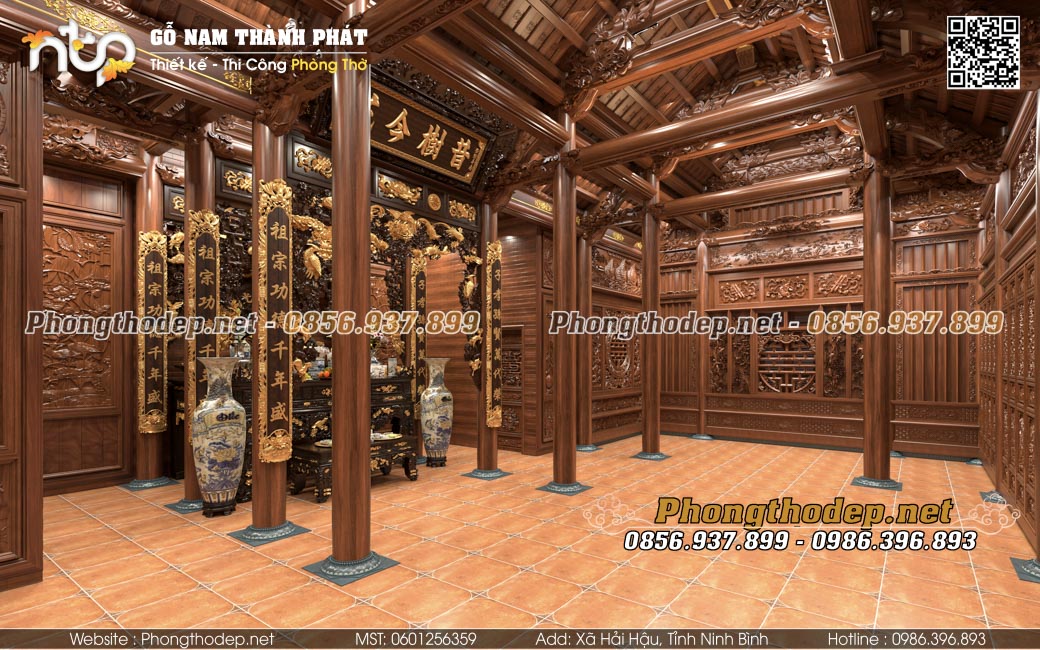 Bố trí nội thất nhà gỗ 5 gian có hậu cung